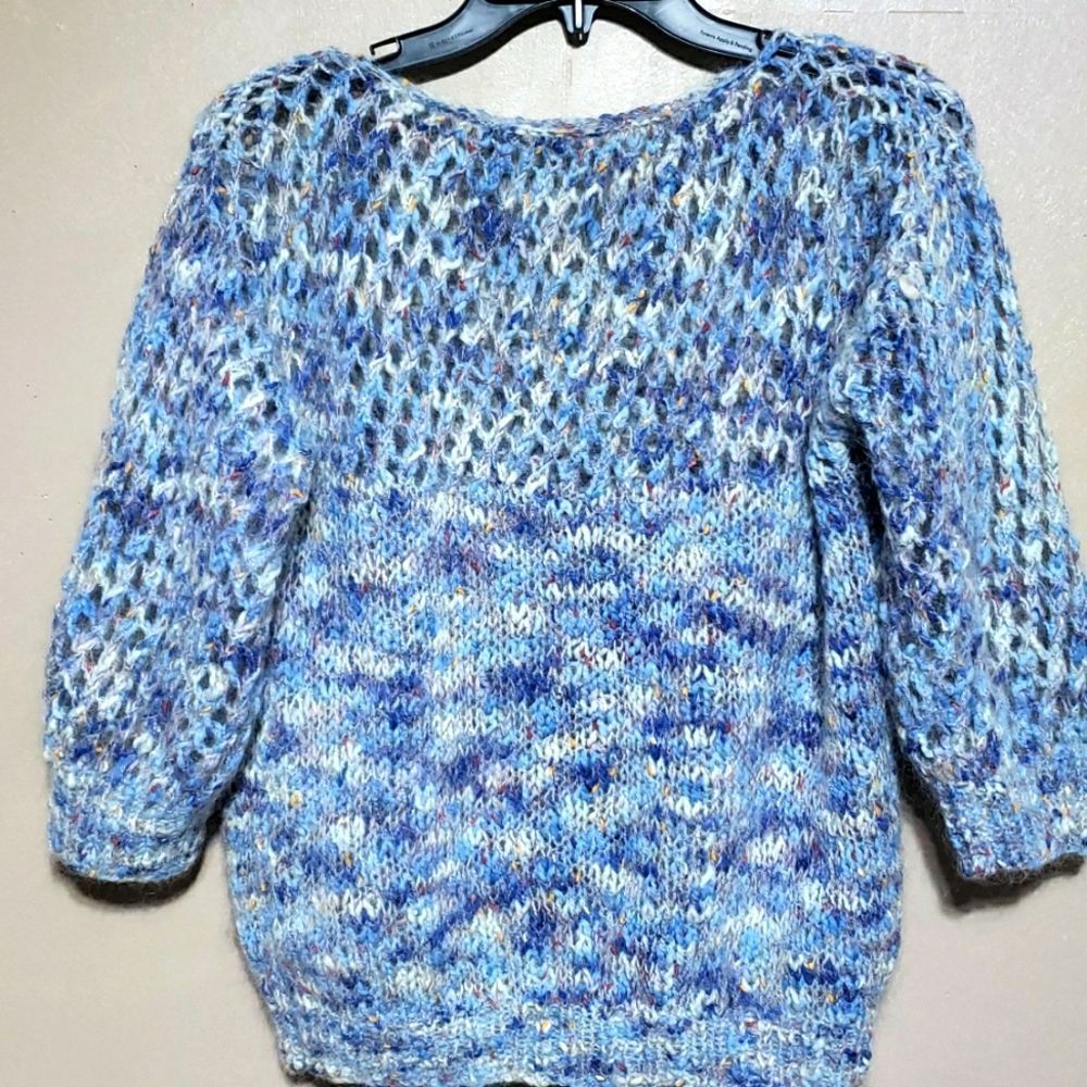 Homemade knit puff sleeves 3 tone blue with dots of colors pull over sweater, XL